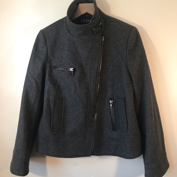 Izod Outerwear Wool Blend Motorcycle Jacket, Gray - Picture 2 of 16